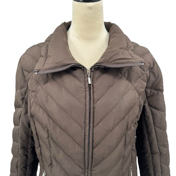 Nine West Women's Dark Brown Quilted Down Filled Collared Classic Puffer Jacket - Picture 4 of 12
